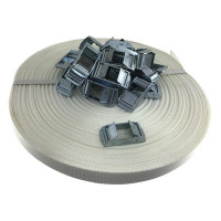 Einwegzurrband, 25 mm, 100 m, inkl. 25 x Doppelklemmschloss, LC 250 daN Einwegzurrband, 25 mm, 100 m, inkl. 25 x Doppelklemmschloss, LC 250 daN