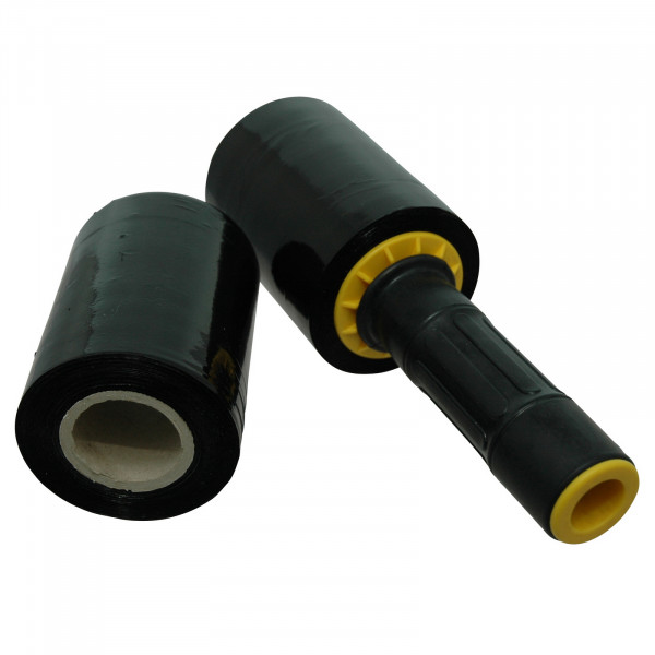 Mini-Stretchfolie, schwarz, 150 lfm, 23 µ, Kern 100 x 38 mm, 6er Set mit Abroller